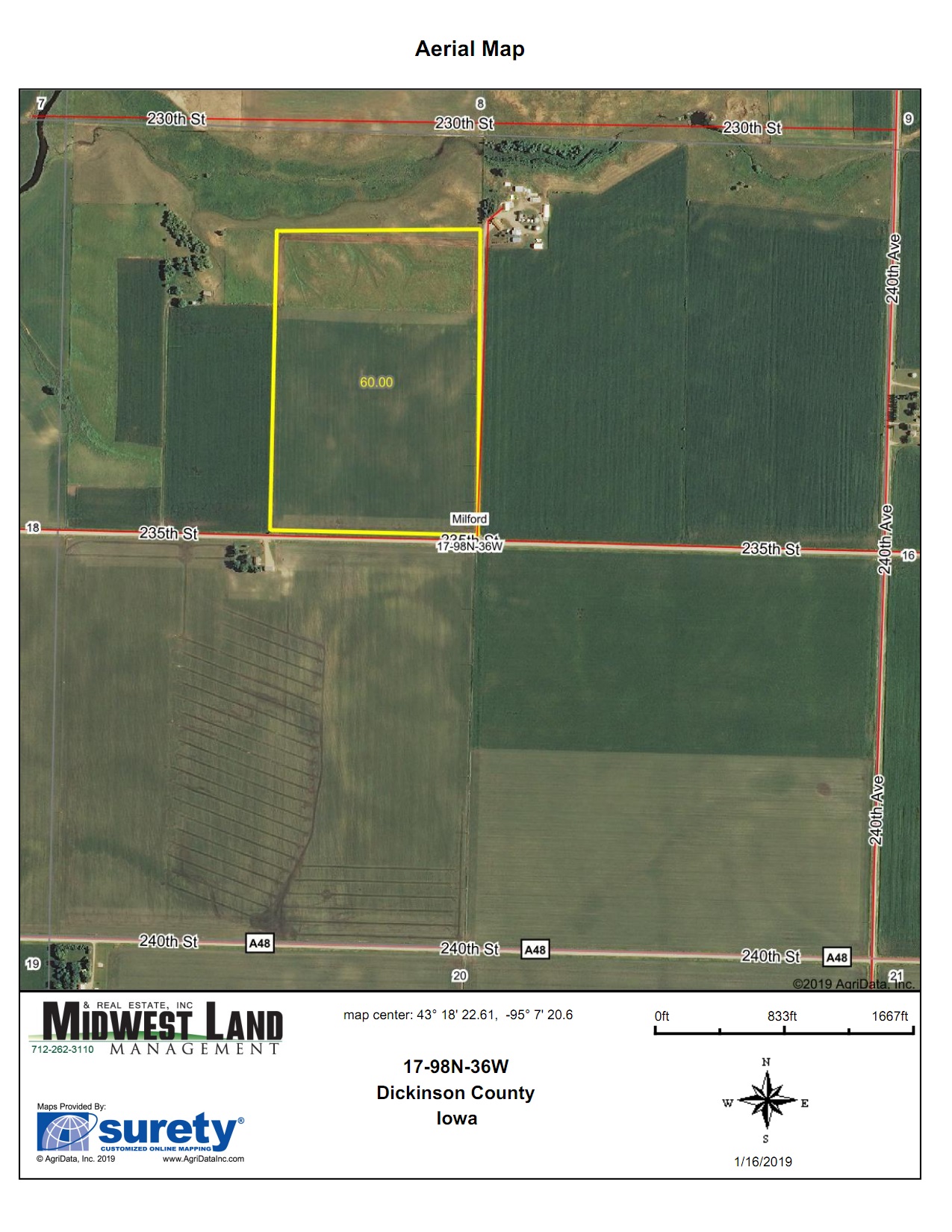 60 Acres m/l Dickinson County Milford Township Midwest Land
