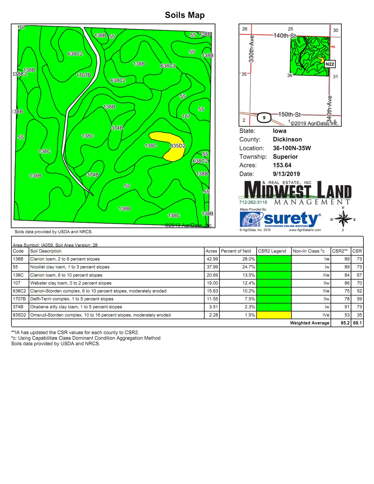160 Acres m/l Dickinson County Superior Township Midwest Land