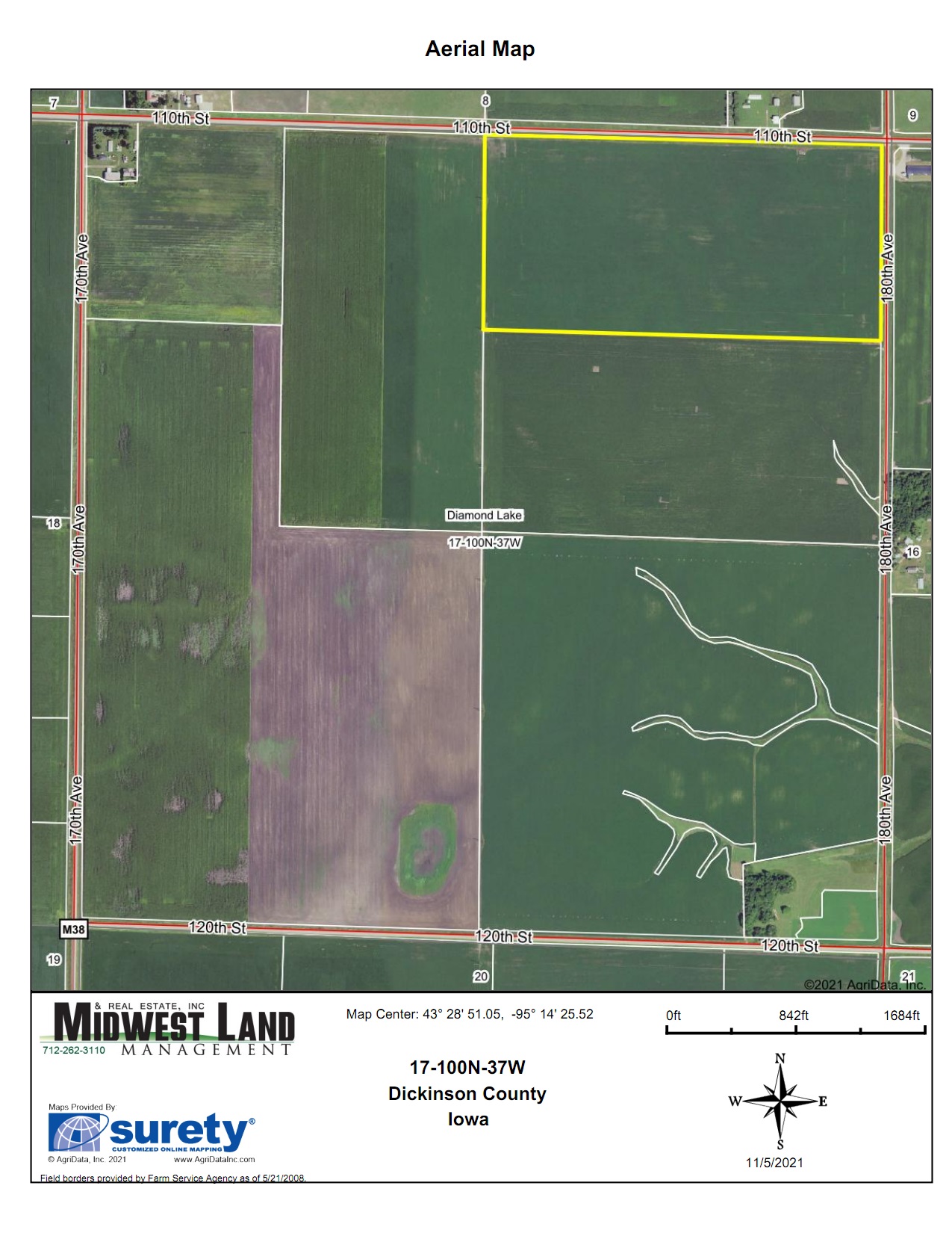 80 Acres m/l Dickinson County Diamond Lake Township Midwest Land