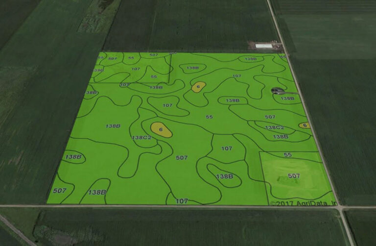 Aerial of a real tract with a soil/CSR2 map overlaid on part of the frame